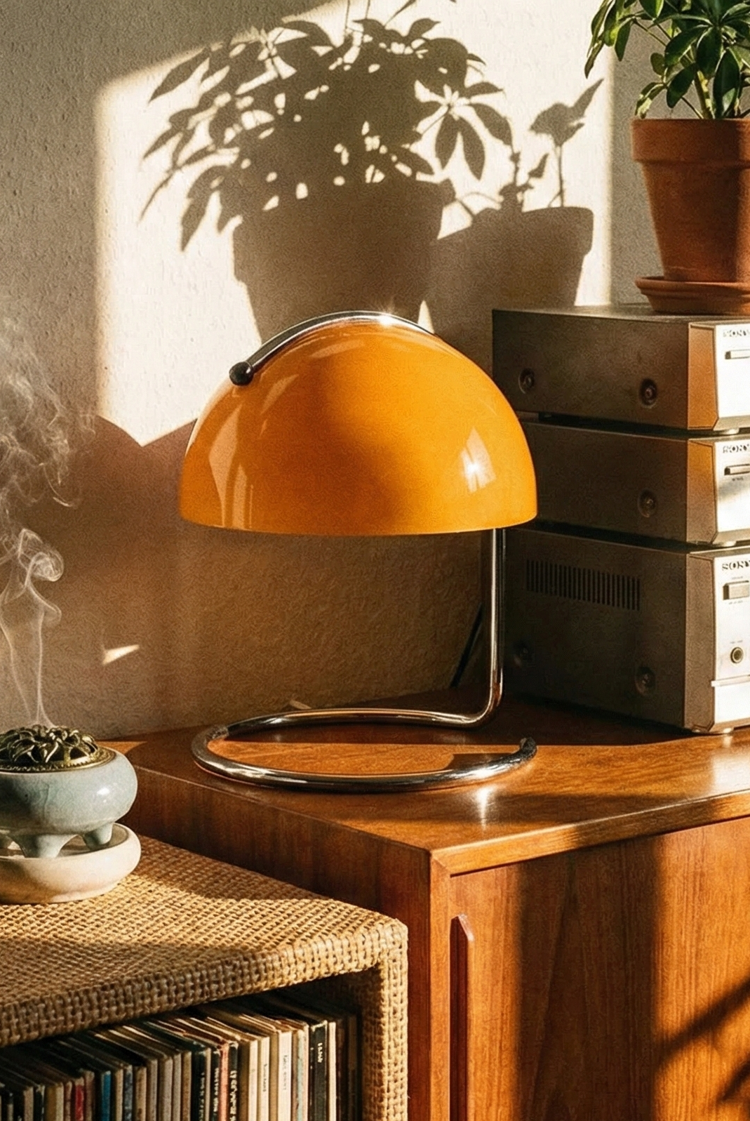 Wooden console table with vinyl records, orange lamp, and vintage radio equipment in a sunlit room.