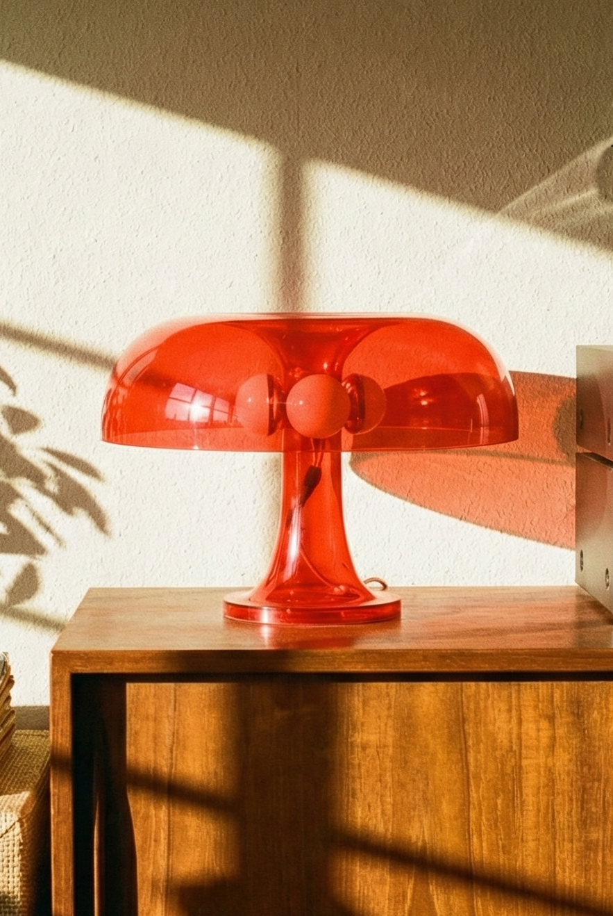 Wooden console table with a red lamp, vinyl records, and a vintage radio in a sunlit room.