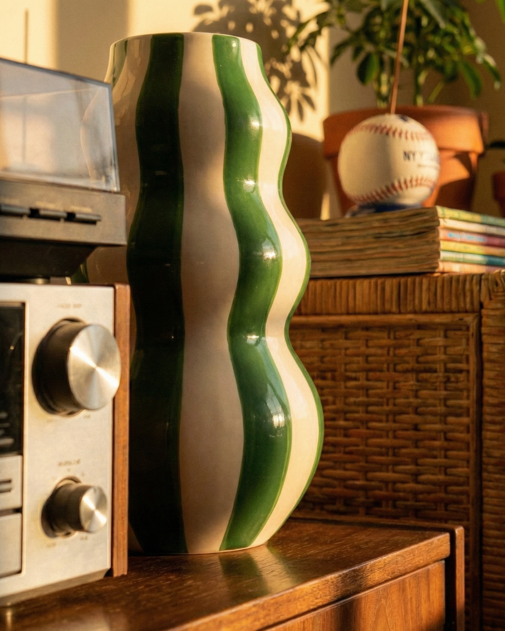 the striped wavey planter | striped ceramic flower vase | green