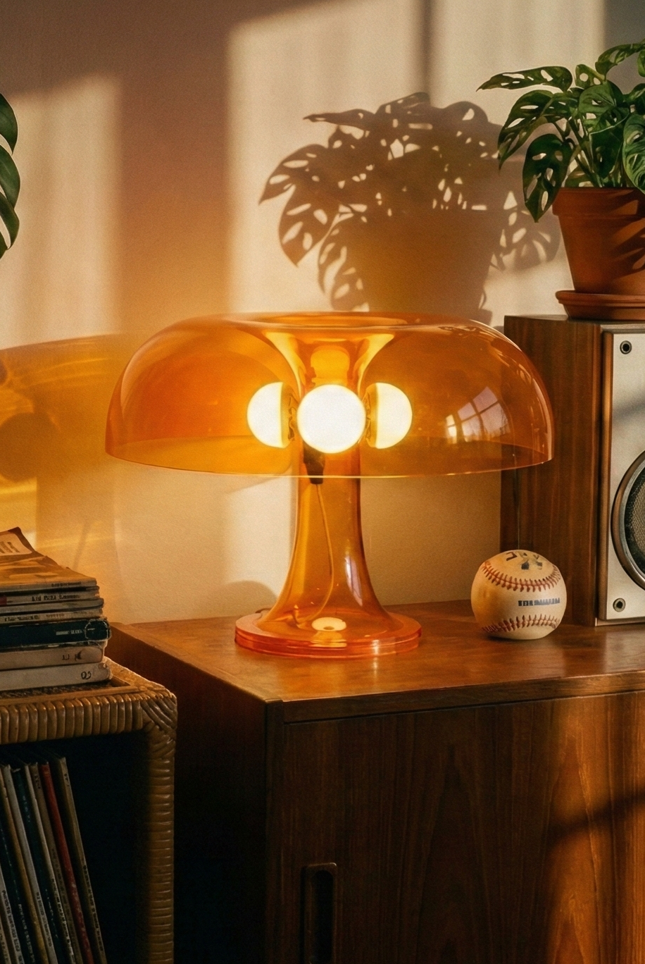 Vintage stereo system with a lamp and plants on a wooden shelf in a warm, sunlit room.