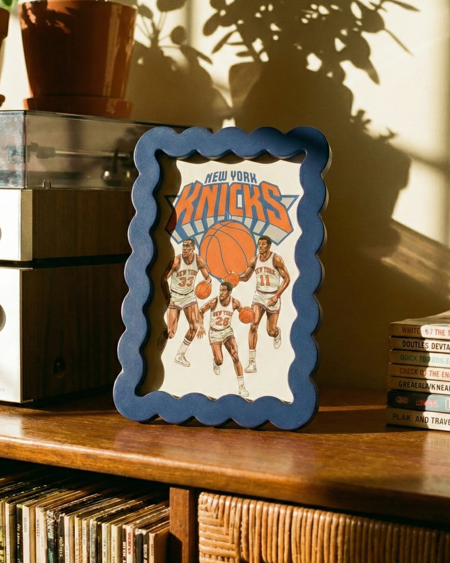 Framed New York Knicks poster on a shelf with books and a plant in the background
