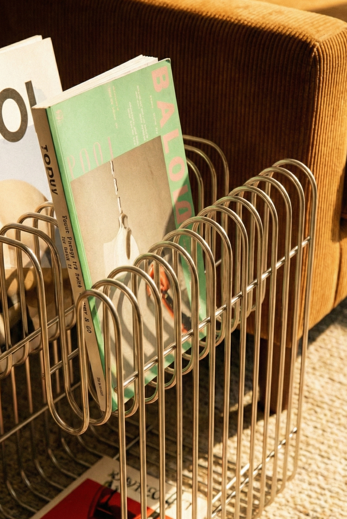 Metal magazine rack with books on a brown couch
