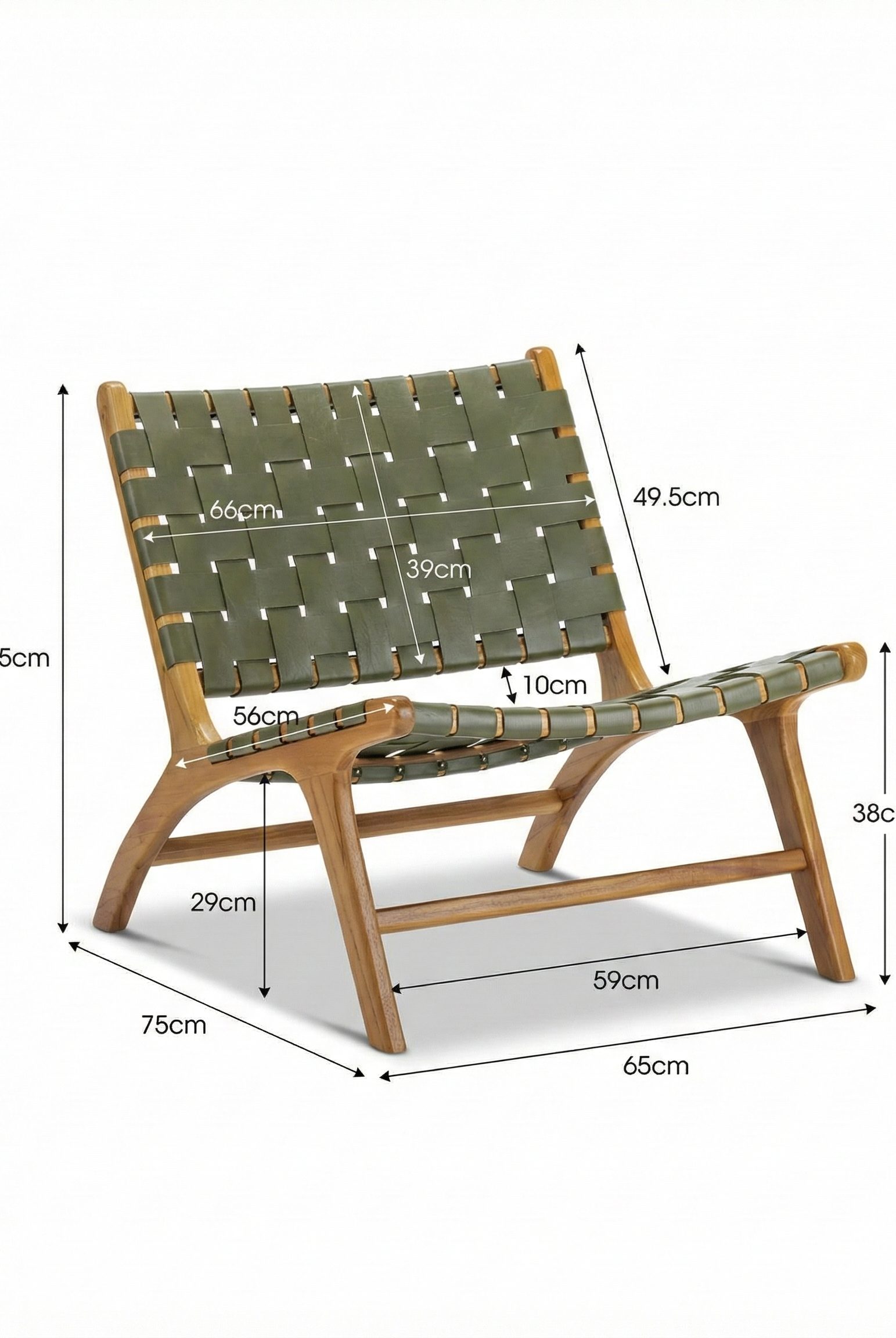Chair with green woven seat and wooden frame, shown with dimensions on a white background
