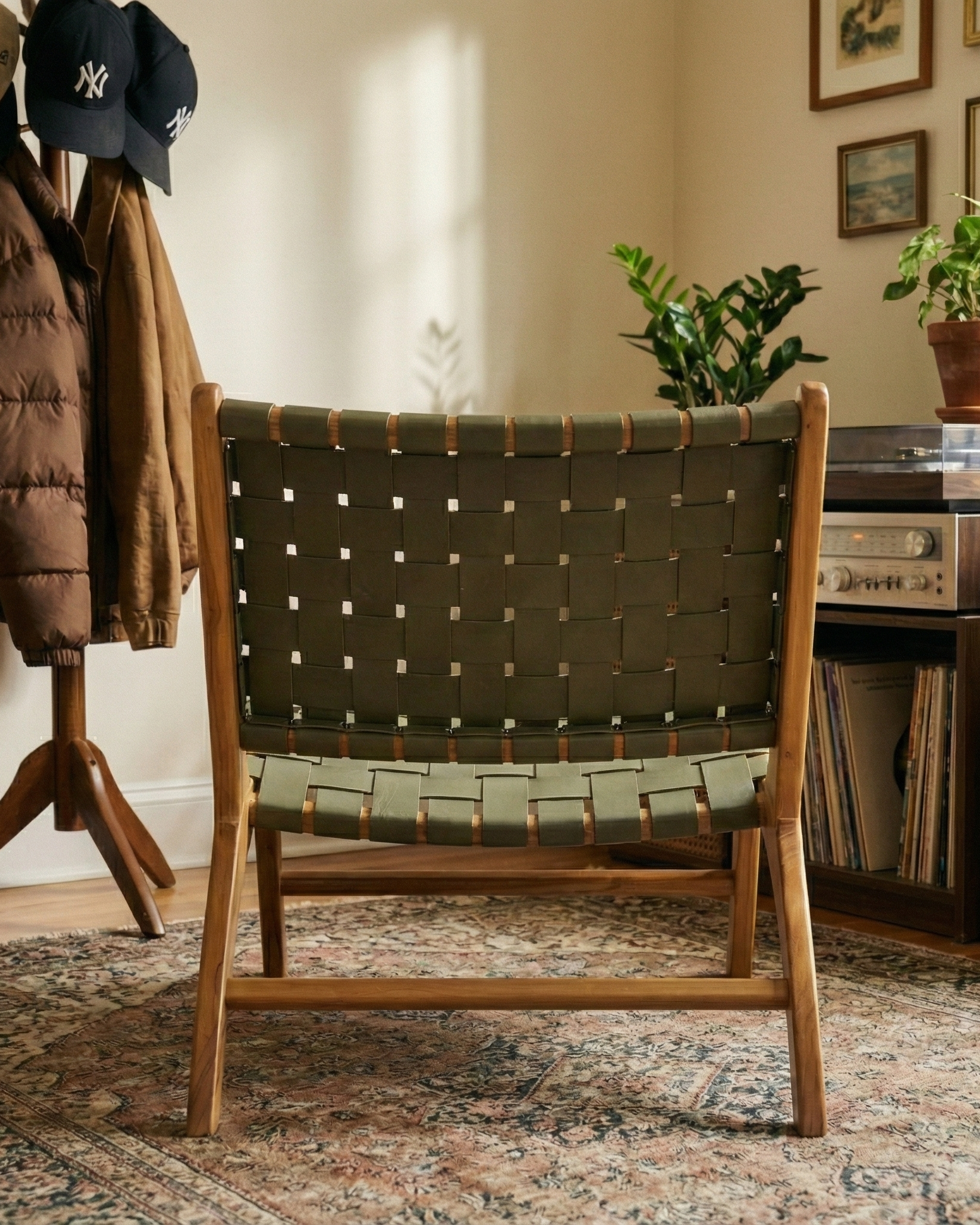 the braided chair | green wooden and leather braided chair