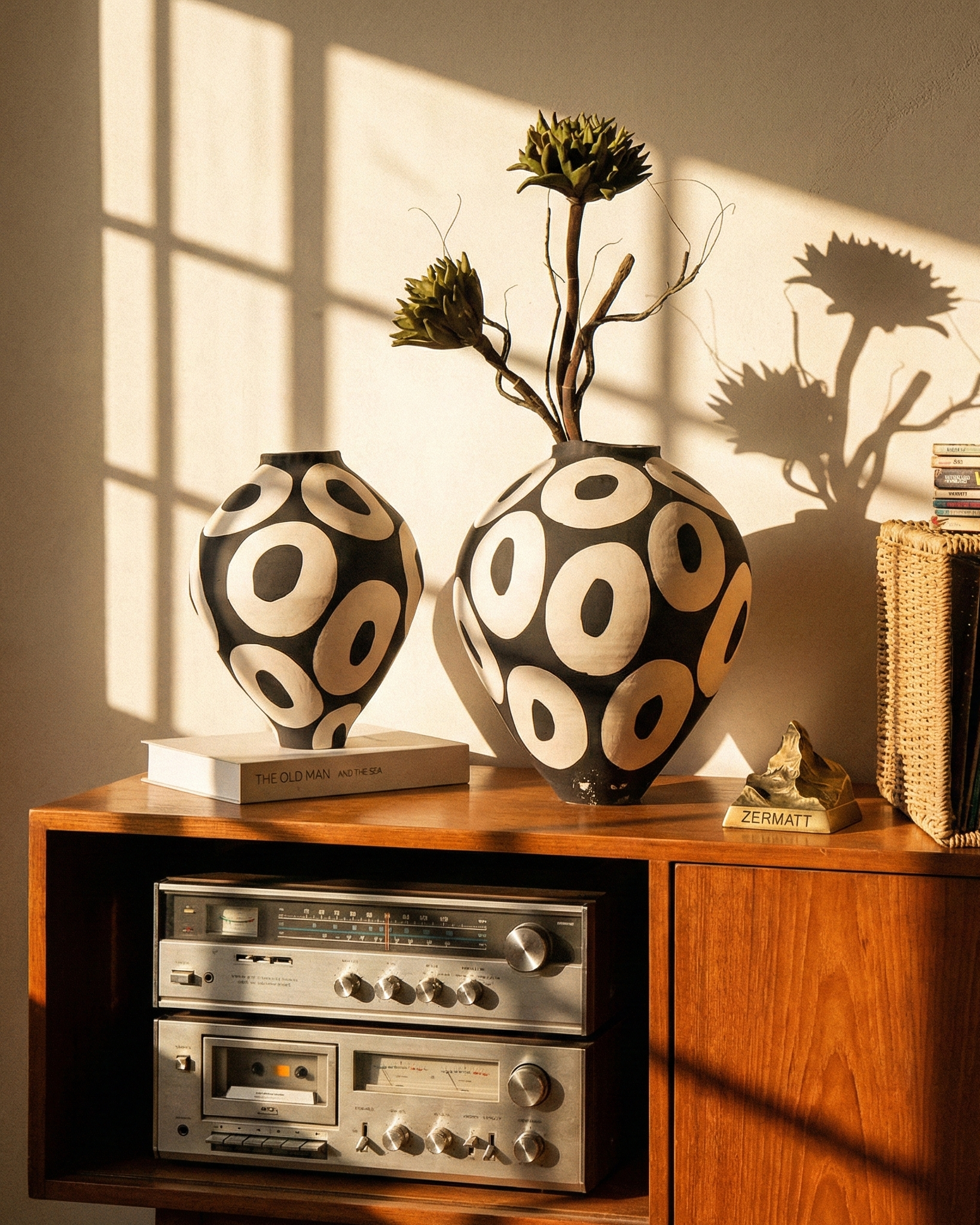 Vintage stereo system with decorative vases and records on a wooden shelf.