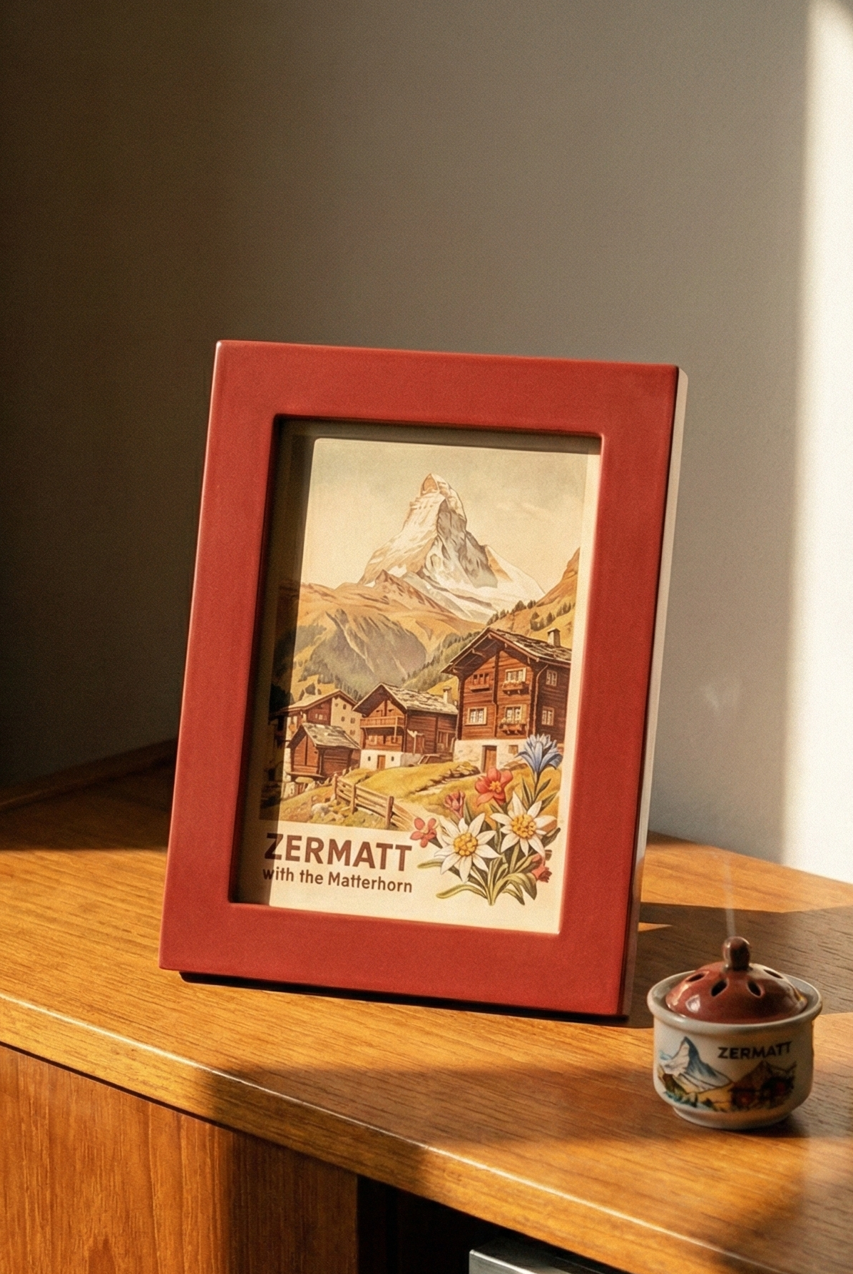 Framed picture on a wooden surface with a vintage radio and small container.