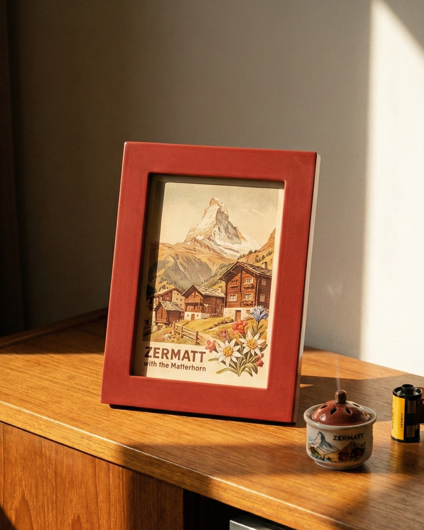Framed picture on a wooden surface with a vintage radio and small container.