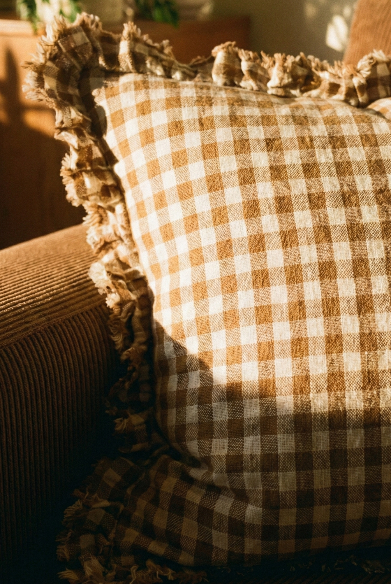 the ruffled gingham | brown cushion cover