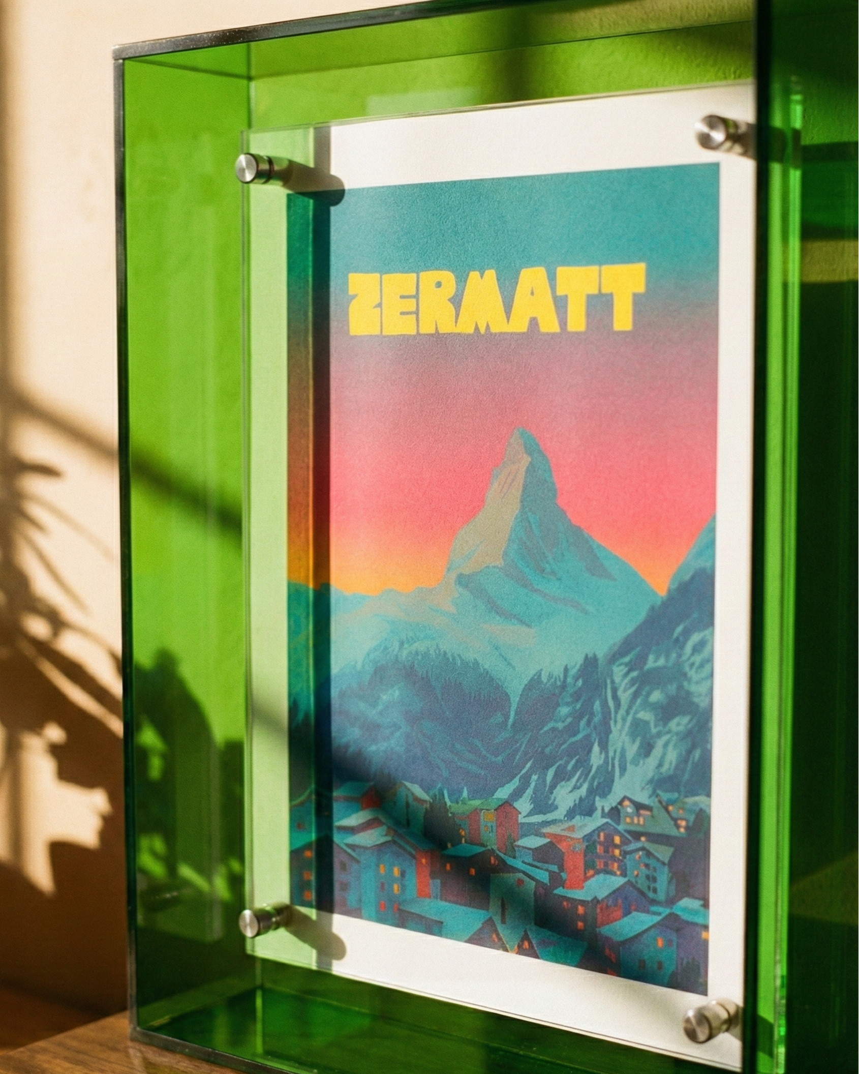 Framed poster of Zermatt with a mountain landscape and colorful sky.