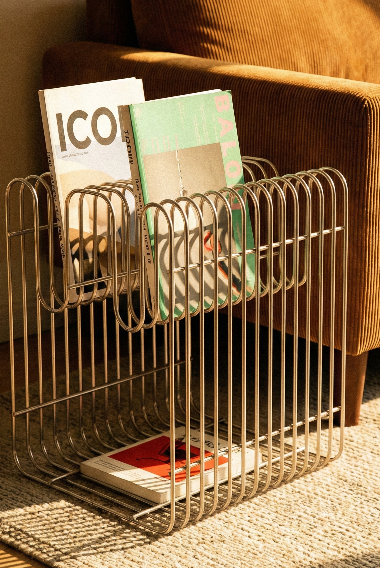 Wire magazine rack with books in front of a brown sofa