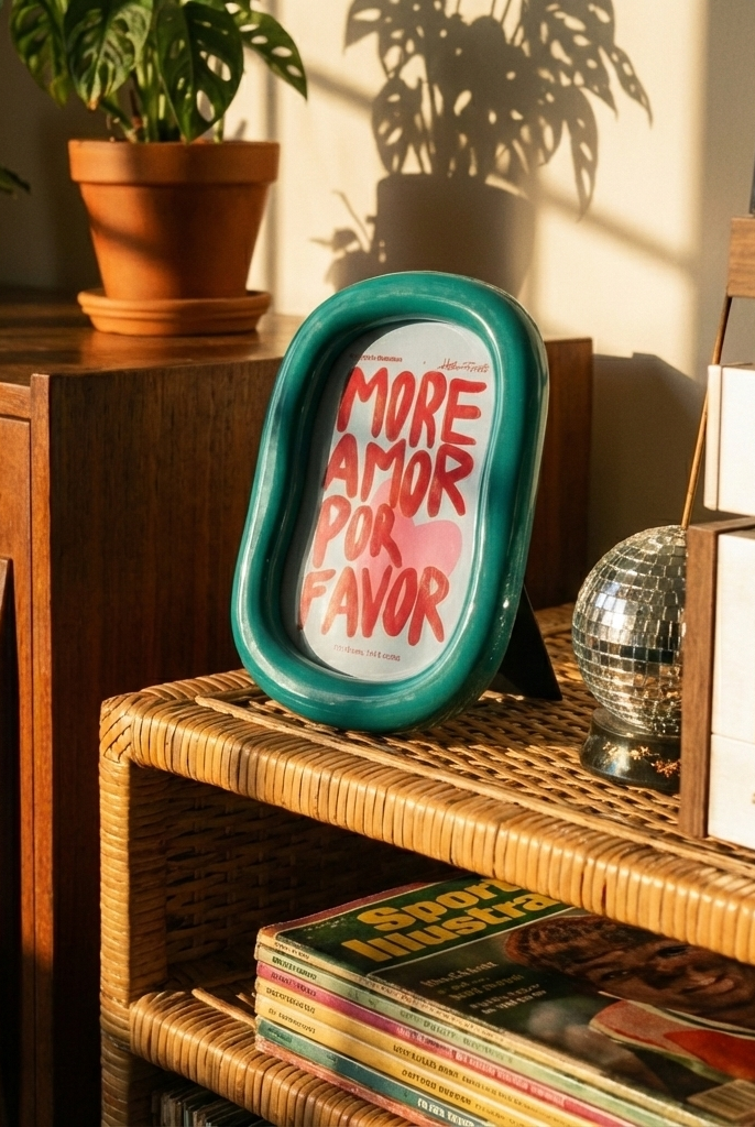 Decorative tray with 'More Amor Por Favor' text on a wooden shelf with plants and vintage items.