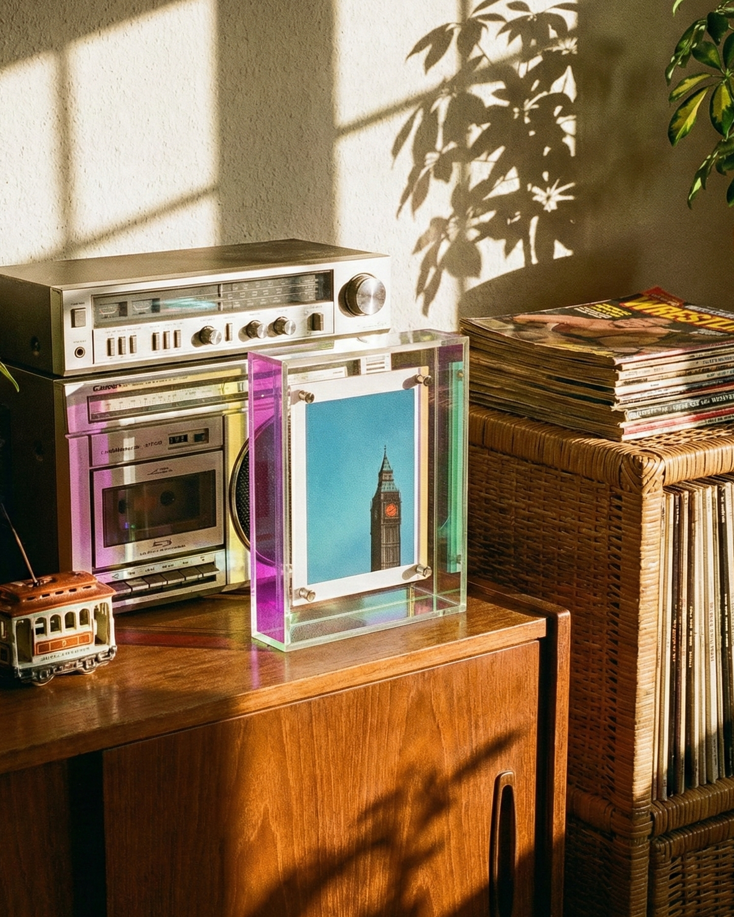 Vintage stereo system with records and a plant in a warm, sunlit room