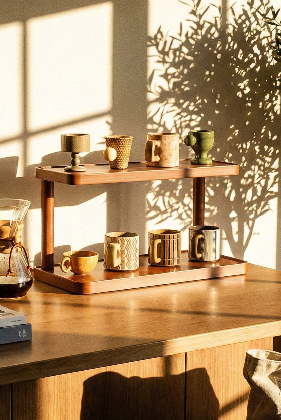 Wooden desk with coffee setup, books, and a bag in a sunlit room.