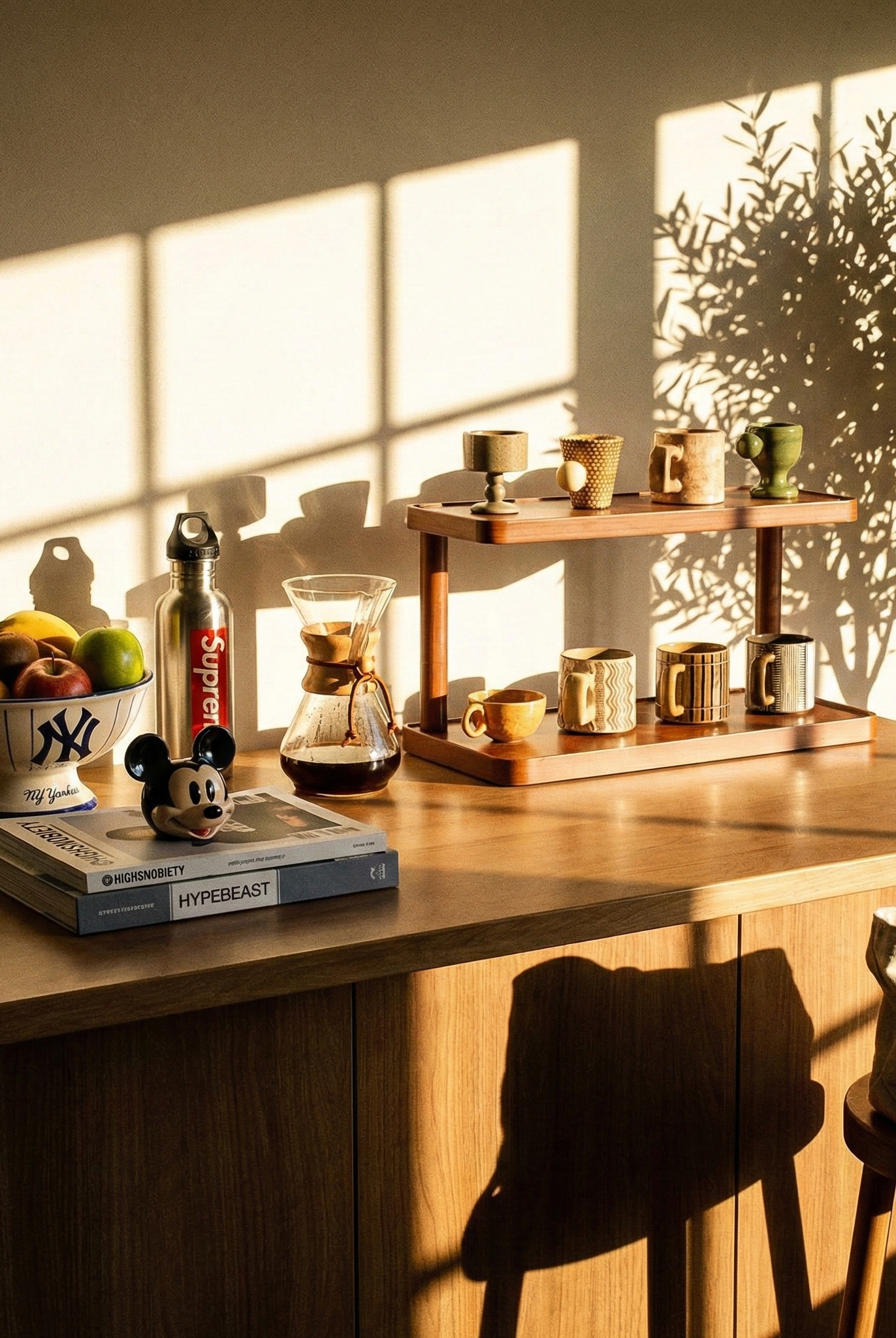 Wooden desk with coffee setup, books, and a bag in a sunlit room.