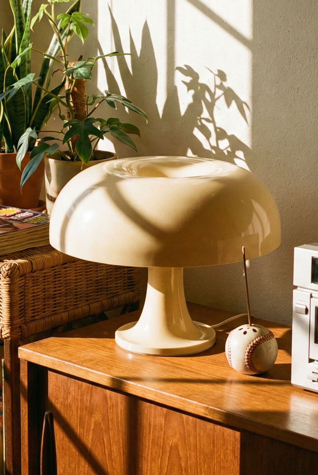 Vintage radio on a wooden shelf with plants and records in the background