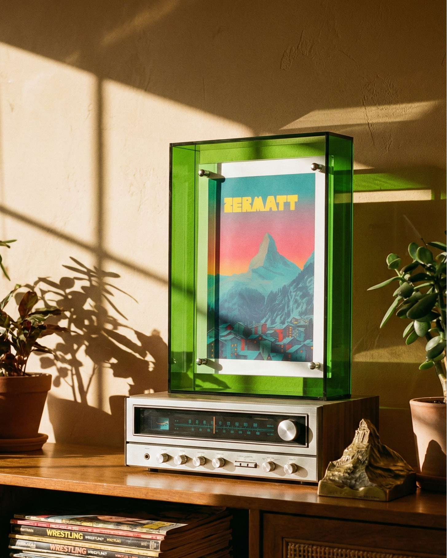 Vintage radio on a wooden shelf with vinyl records and framed artwork in a sunlit room.