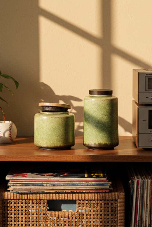 Vintage stereo equipment on a wooden shelf with decorative items and sunlight casting shadows.