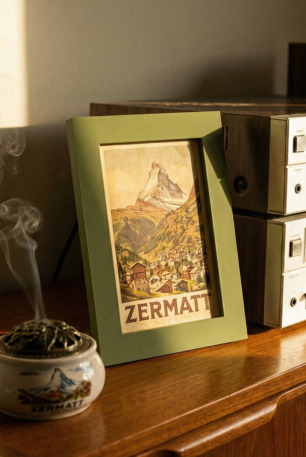 Vintage stereo equipment with a framed picture of Zermatt on a wooden surface.