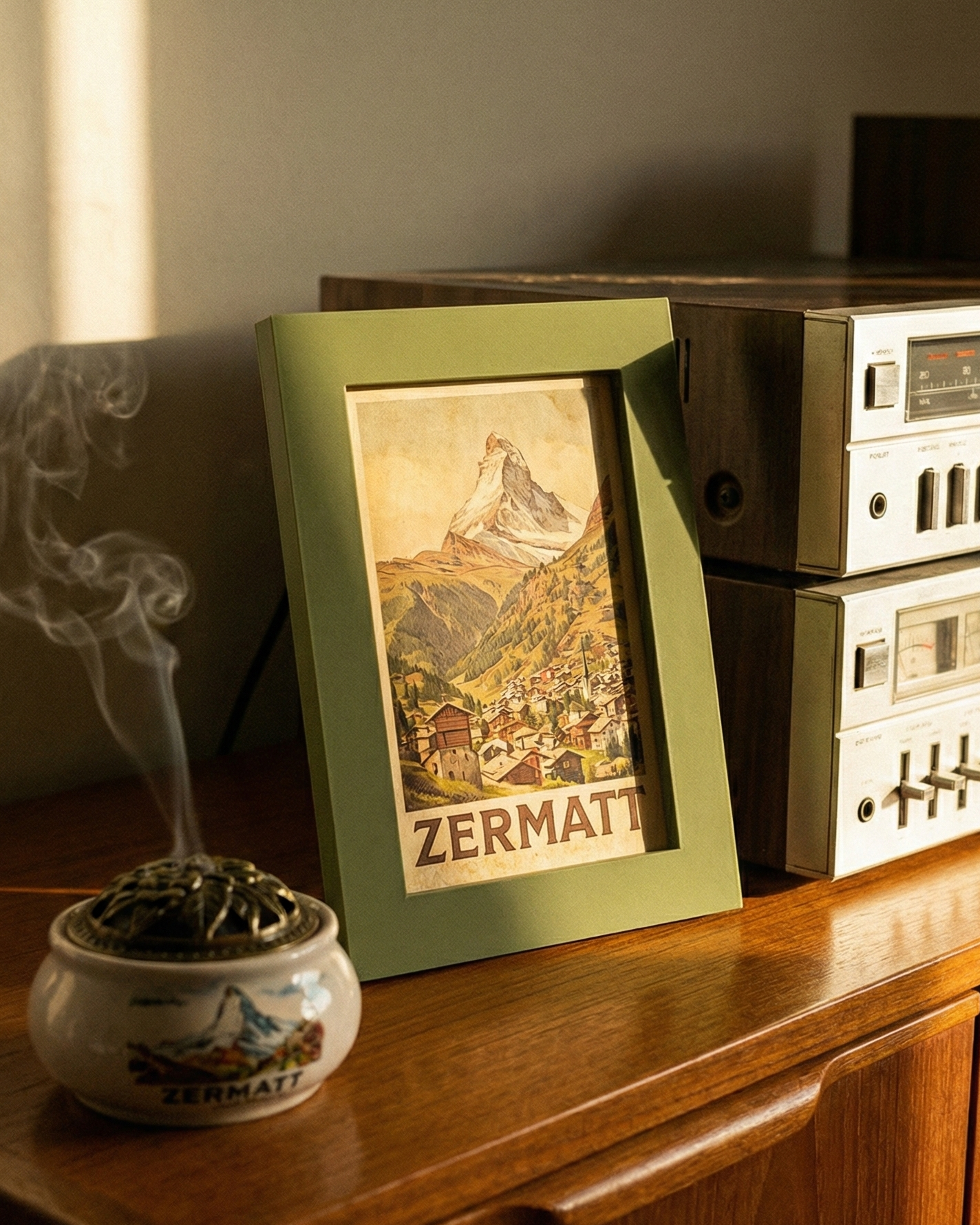 Vintage stereo equipment with a framed picture of Zermatt on a wooden surface.