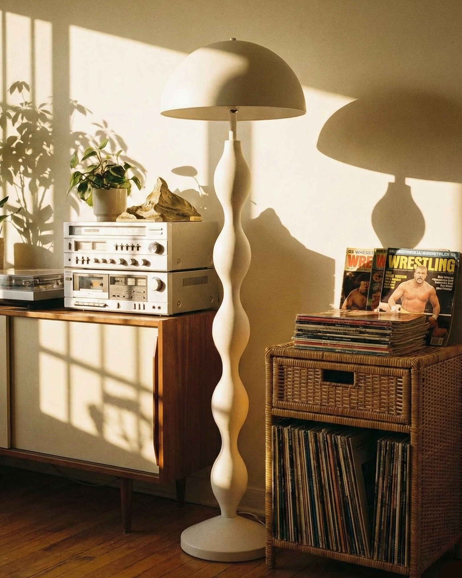 Living room with a floor lamp, record player, and vinyl records.