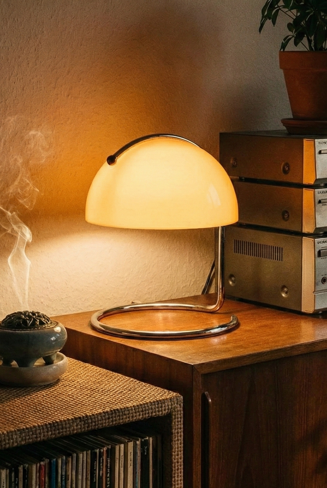 Vintage-style stereo equipment with a lamp and incense on a wooden surface.