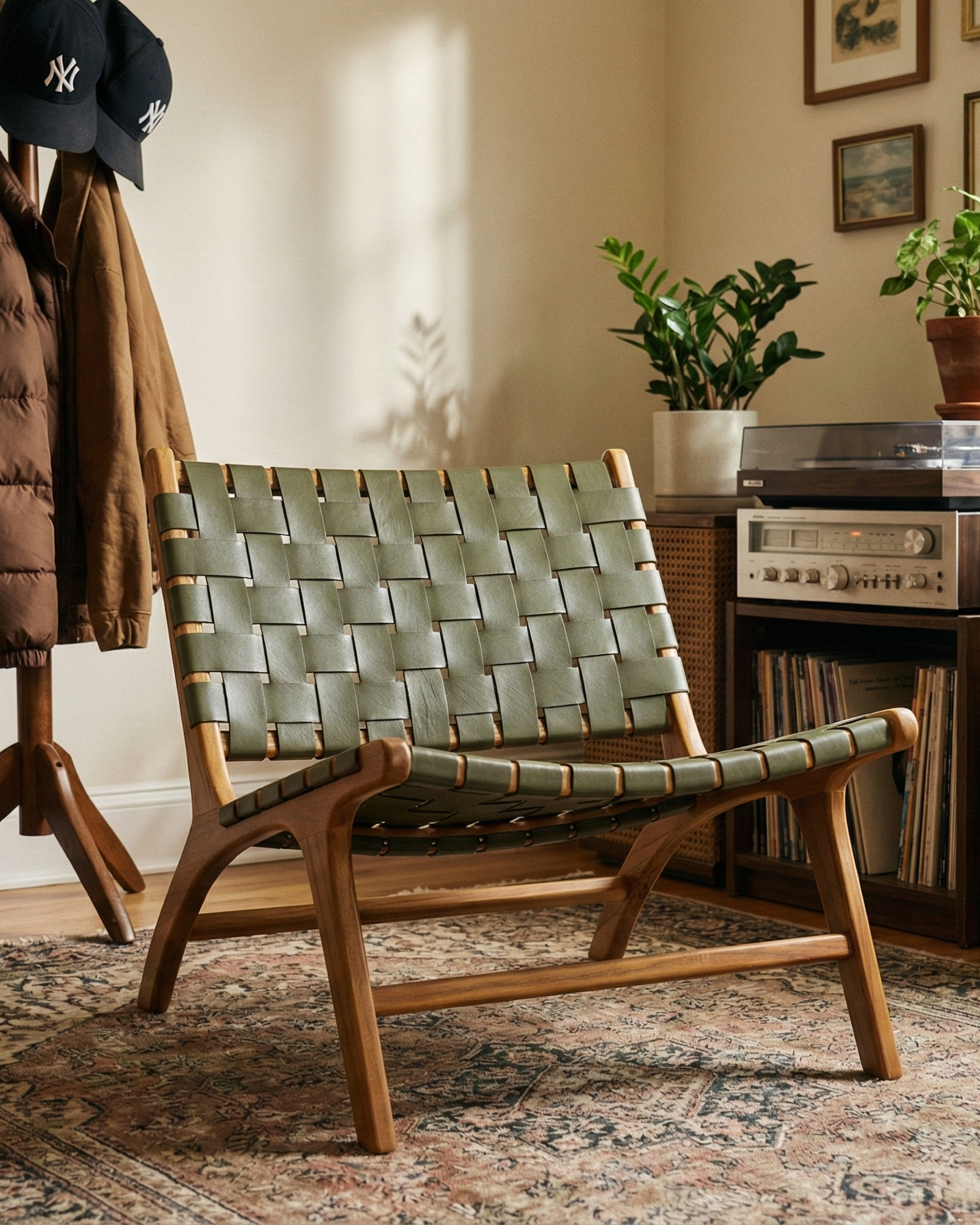 the braided chair | green wooden and leather braided chair