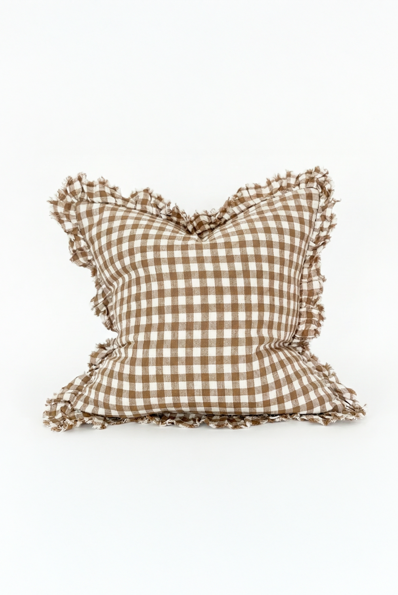 the ruffled gingham | brown cushion cover