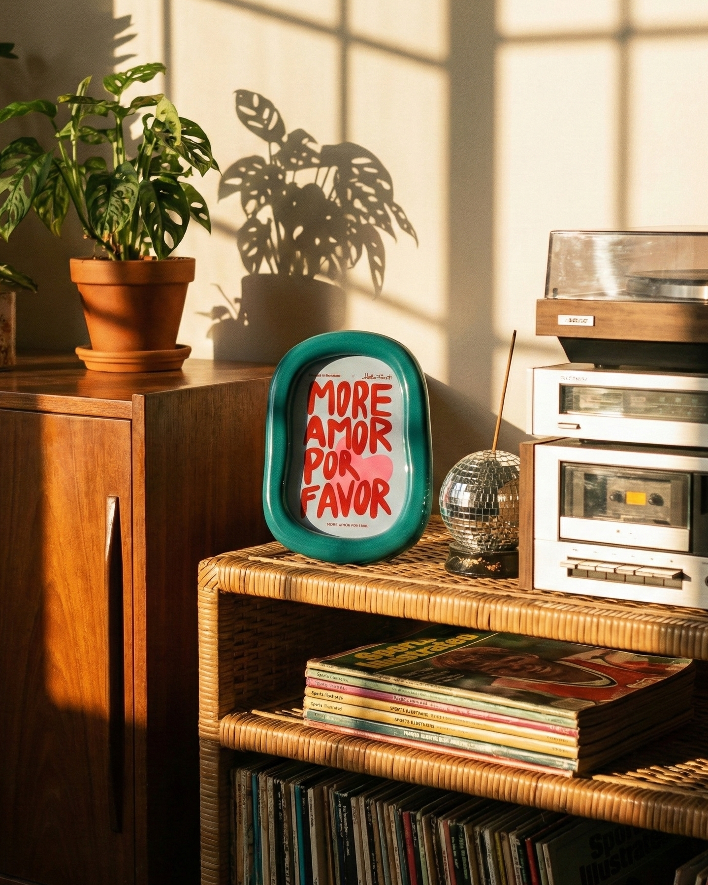 Vintage record player and stereo equipment on a wooden shelf with plants and a decorative sign.