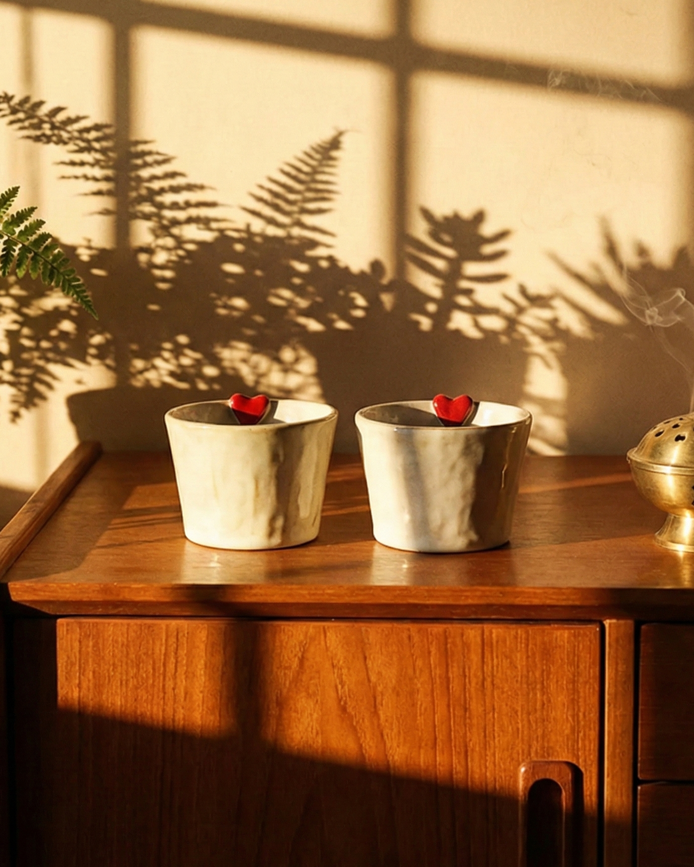 Two white ceramic pots with red objects on a wooden surface, with plants and a textured wall in the background.