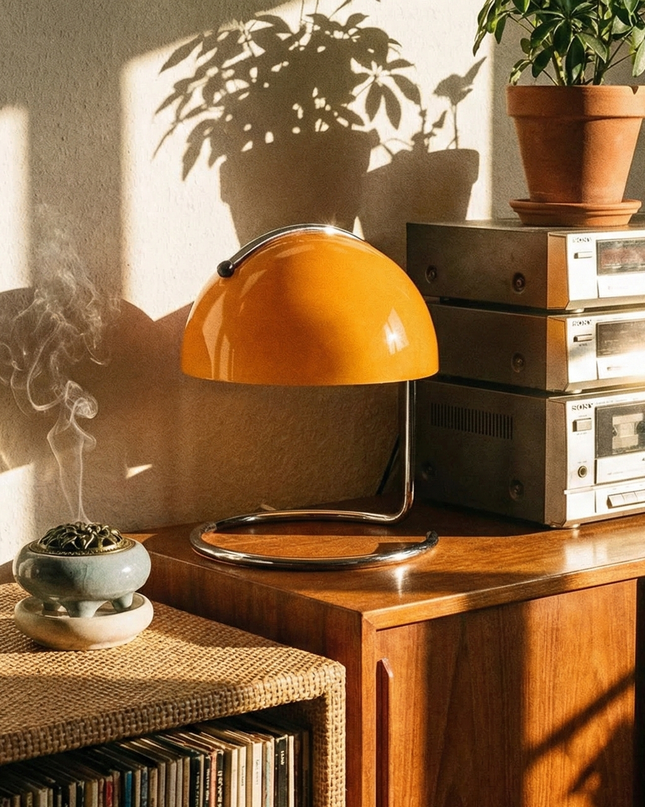 Wooden console table with vinyl records, orange lamp, and vintage radio equipment in a sunlit room.
