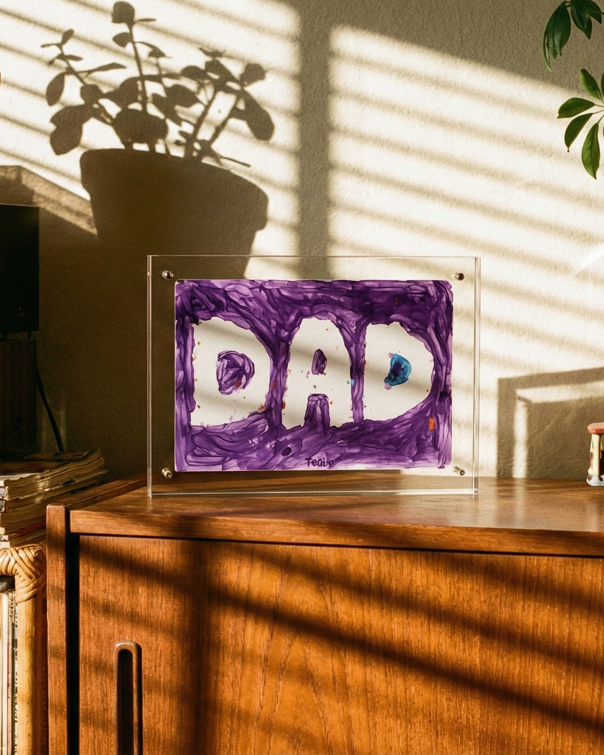 Vintage stereo equipment with a 'DAD' sign on a wooden cabinet, surrounded by plants.