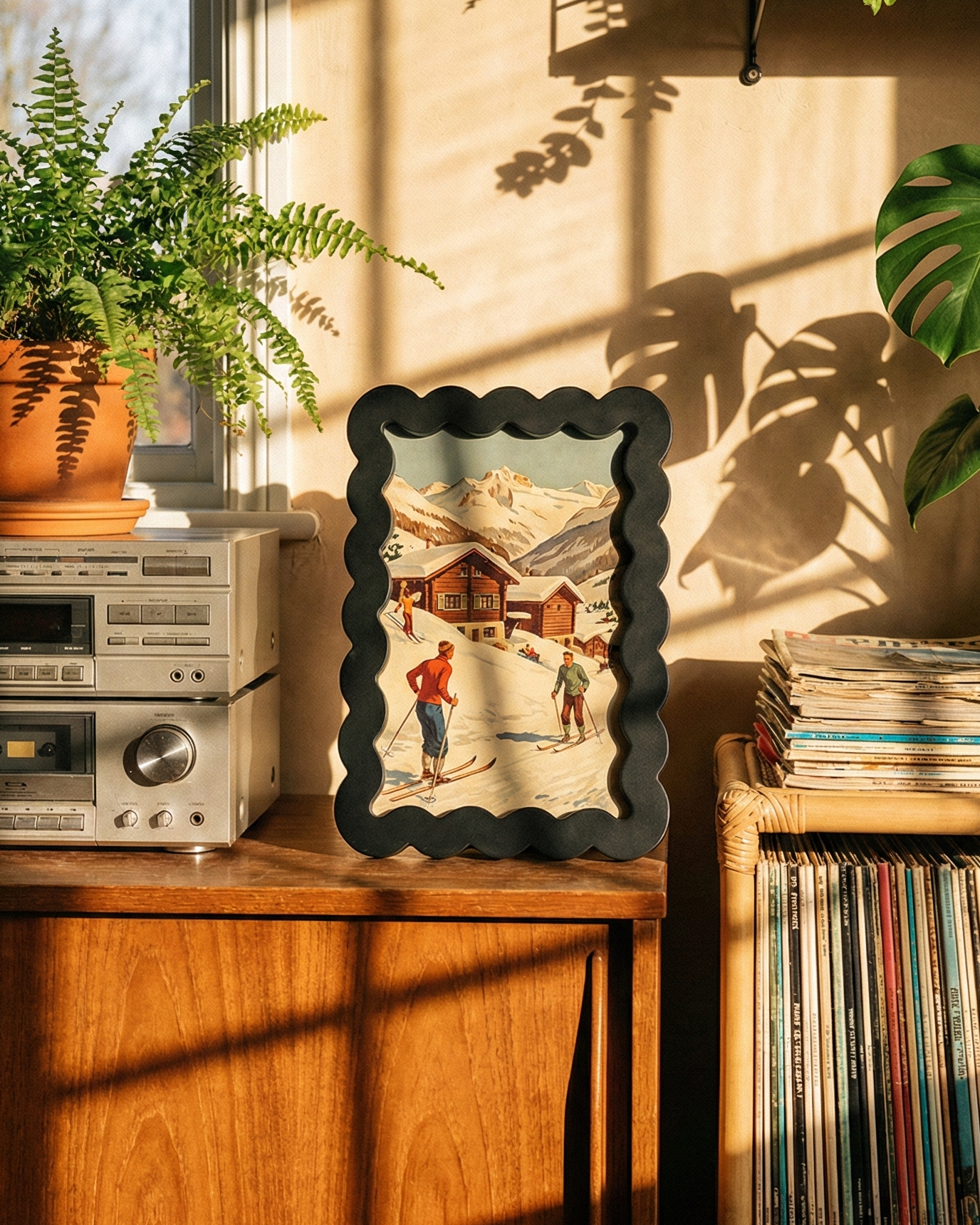 Nostalgic home decor with vinyl records, a framed picture, and plants in a sunlit room.