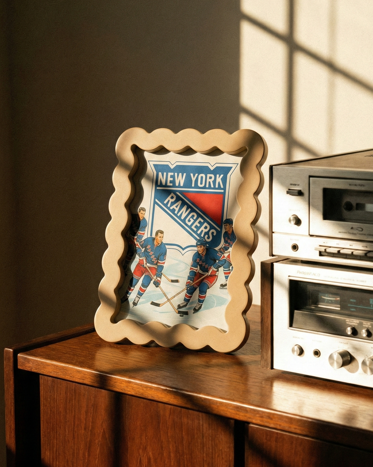 Vintage New York Rangers hockey poster in a decorative frame on a wooden surface with a retro radio.