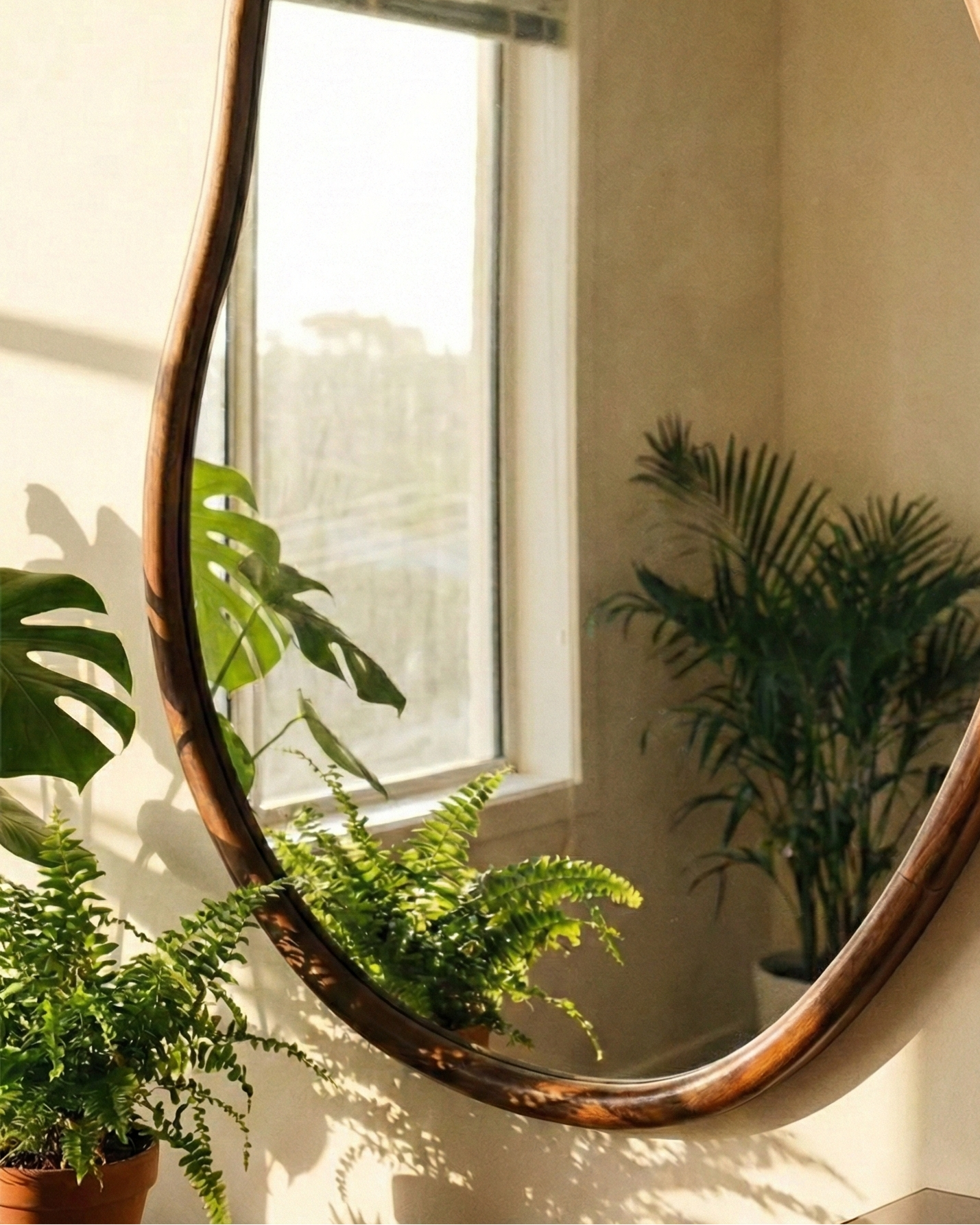 Round mirror with wooden frame on a wall with plants around