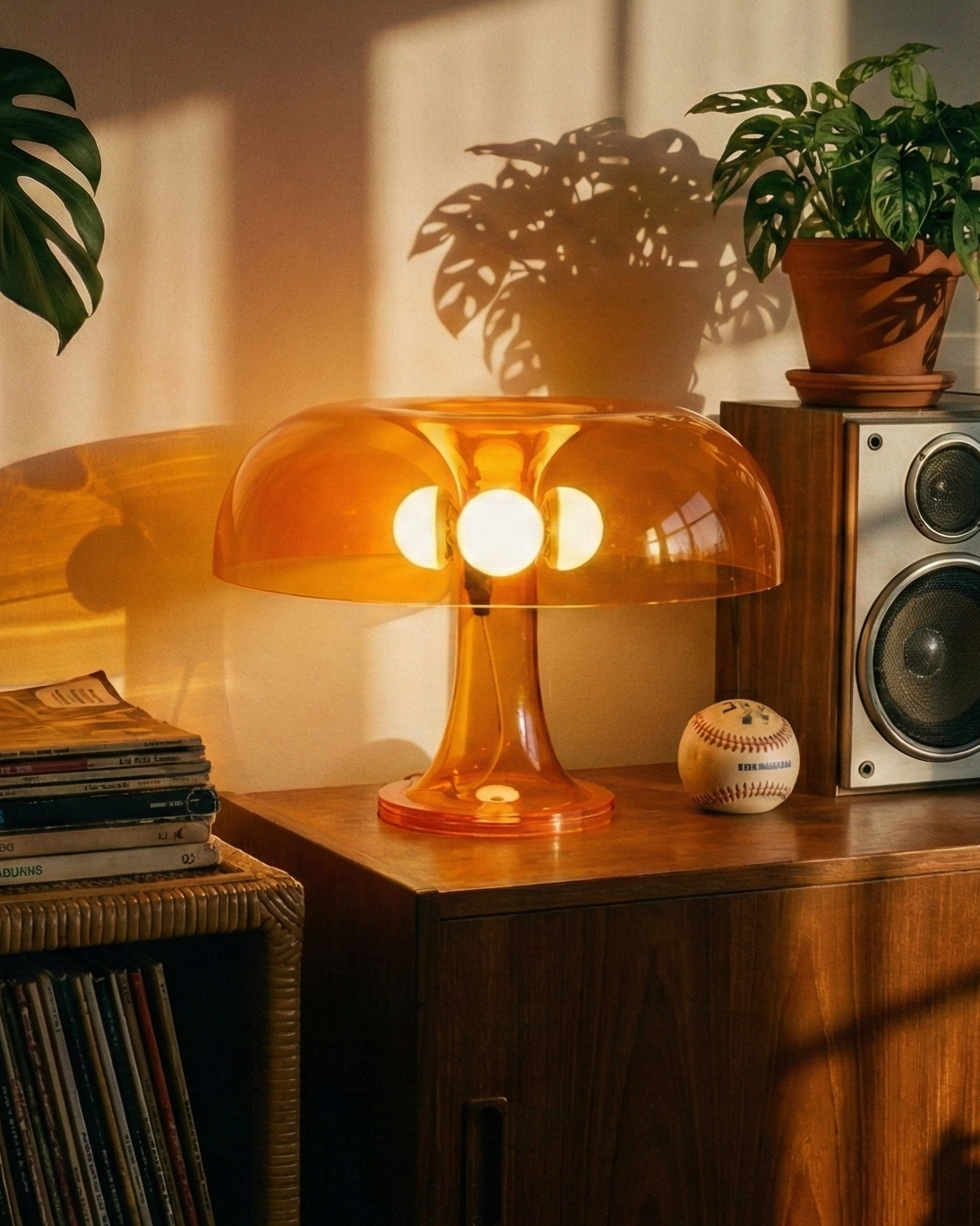 Vintage stereo system with a lamp and plants on a wooden shelf in a warm, sunlit room.
