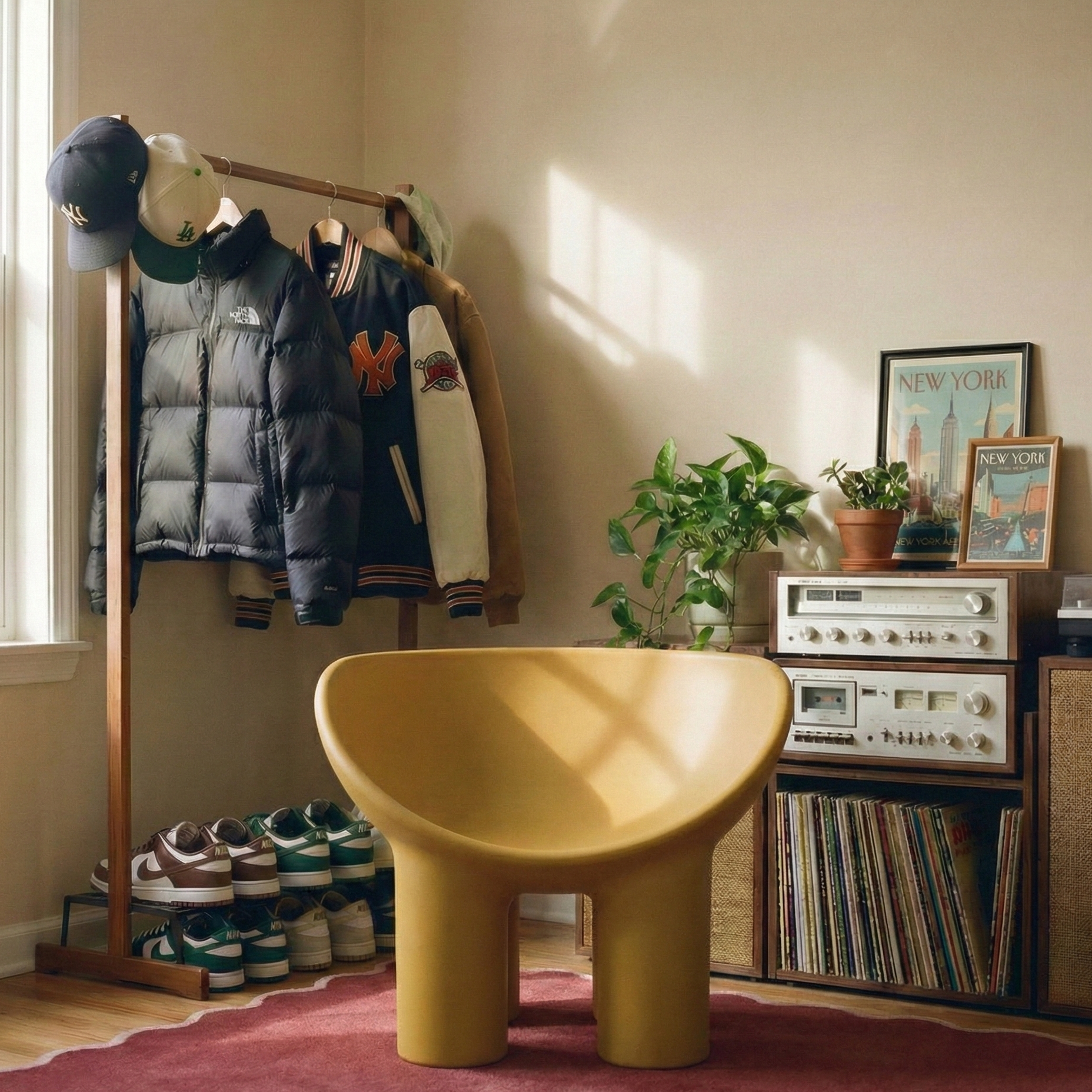 Room interior with a yellow chair, coat rack with jackets, and record player.