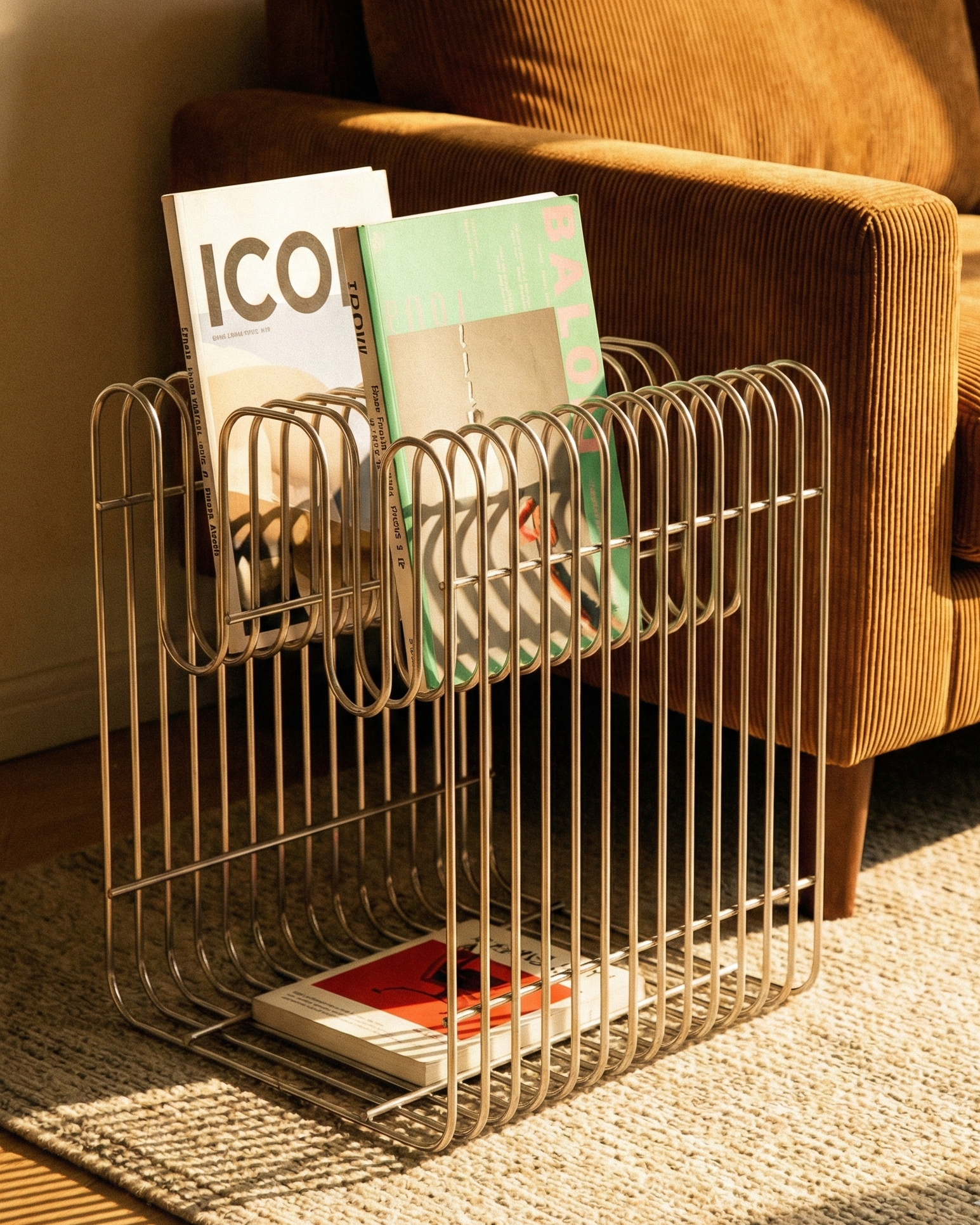 Wire magazine rack with books in front of a brown sofa