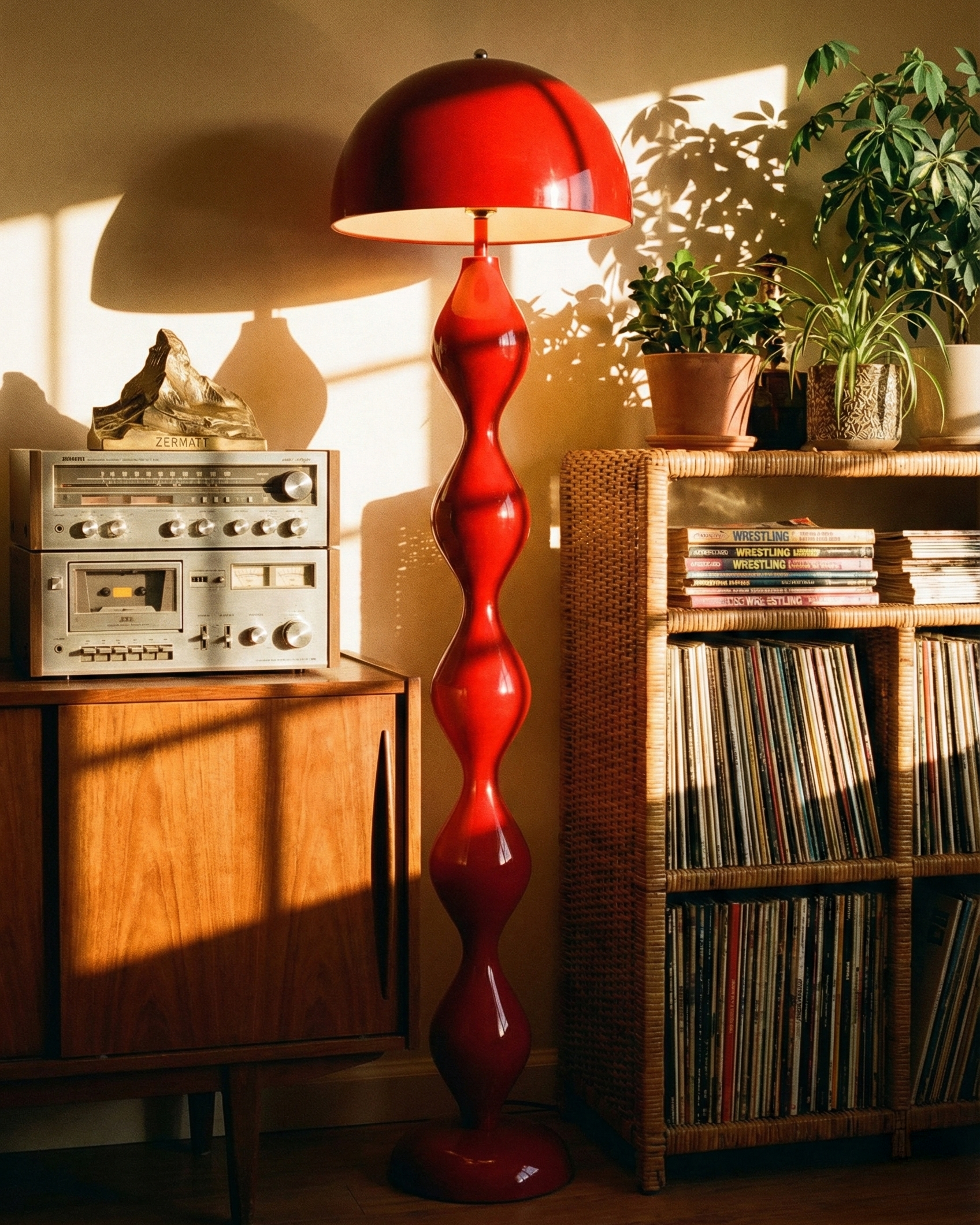 Red floor lamp in a room with vinyl records and a vintage radio.