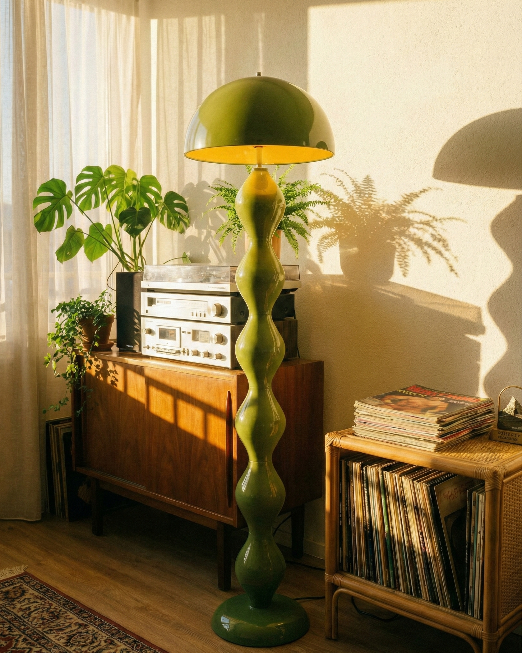 Green floor lamp in a room with vinyl records and plants