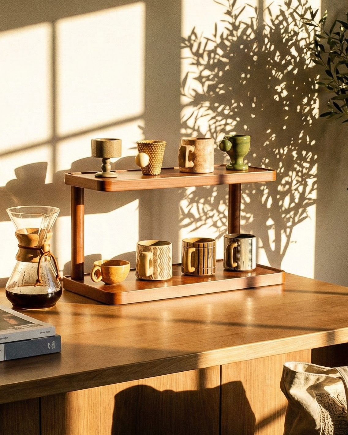 Wooden desk with coffee setup, books, and a bag in a sunlit room.
