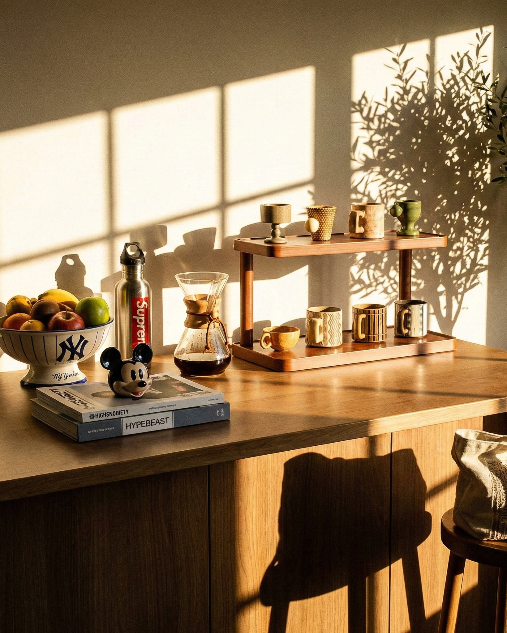Wooden desk with coffee setup, books, and a bag in a sunlit room.