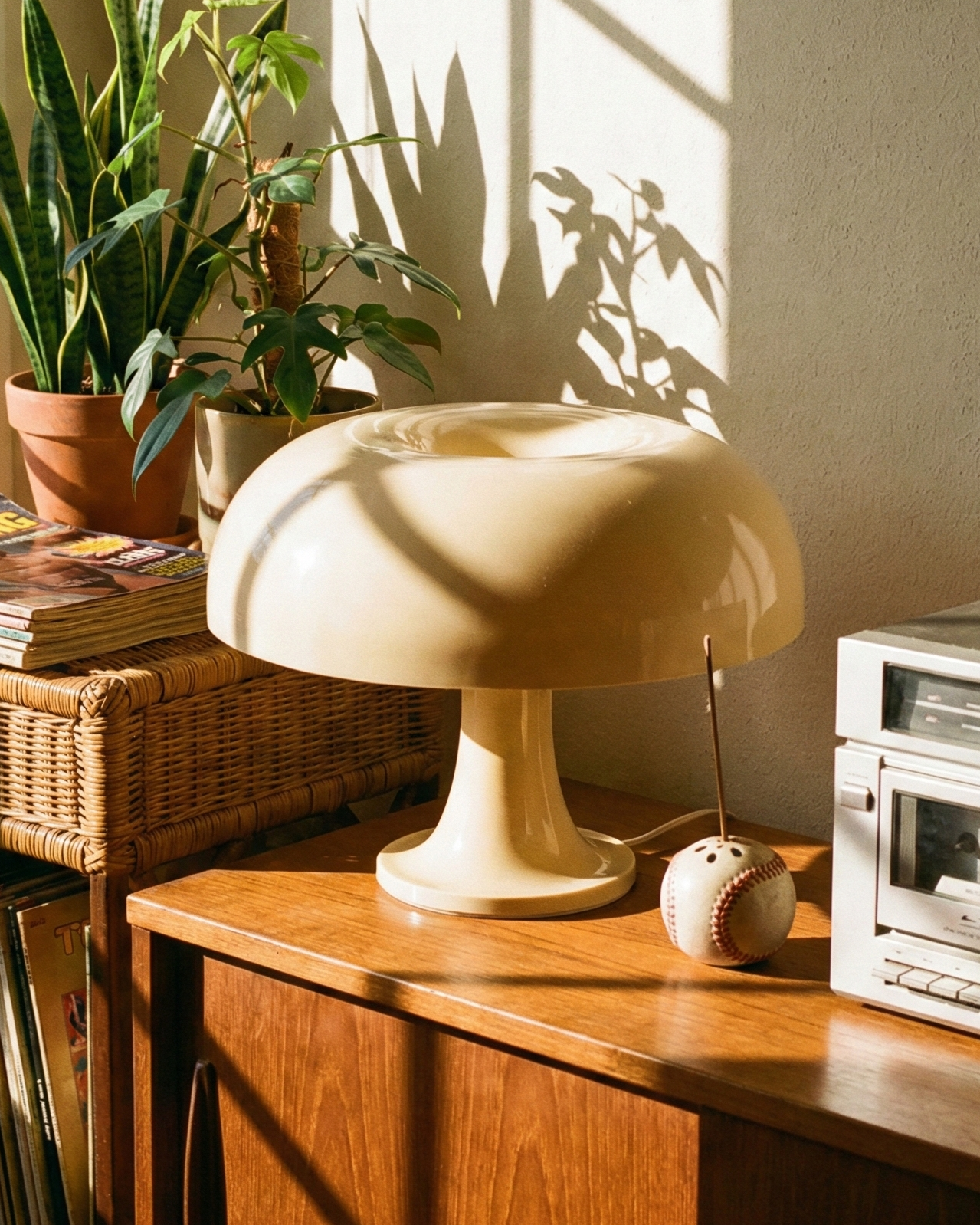 Vintage radio on a wooden shelf with plants and records in the background