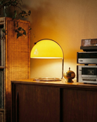 Vintage stereo equipment on a wooden cabinet with a lamp and plant in a warm, dimly lit room.