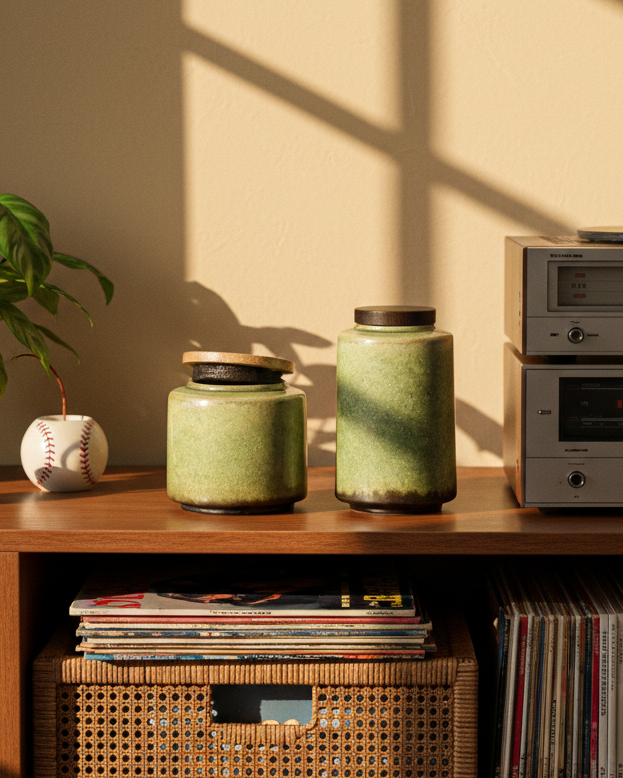 Vintage stereo equipment on a wooden shelf with decorative items and sunlight casting shadows.