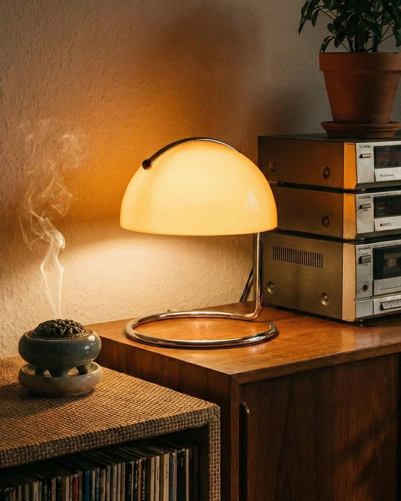 Vintage-style stereo equipment with a lamp and incense on a wooden surface.