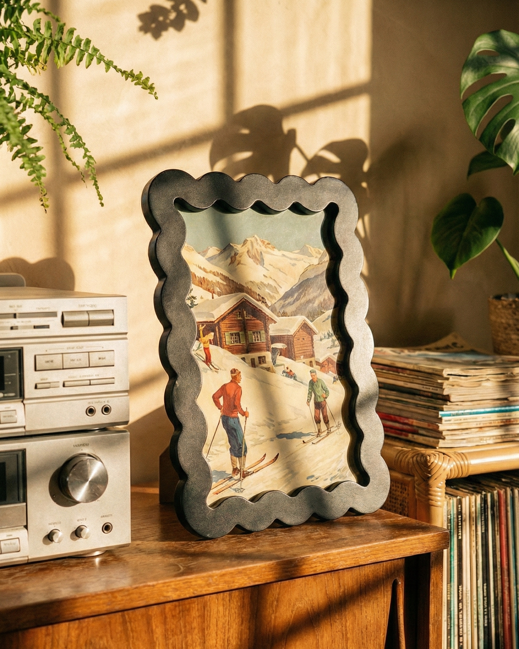 Decorative framed picture on a wooden surface with vintage stereo equipment and books in the background.