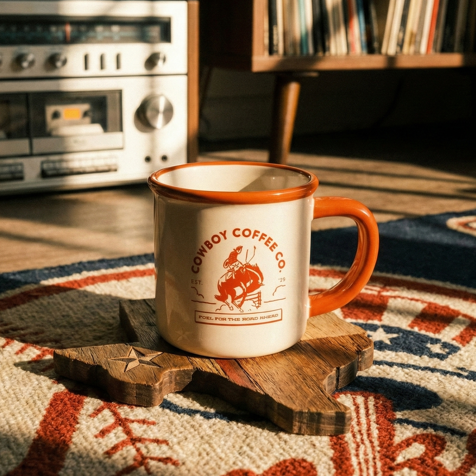 Cowboy Coffee Co mug on a wooden coaster with a vintage radio and records in the background.