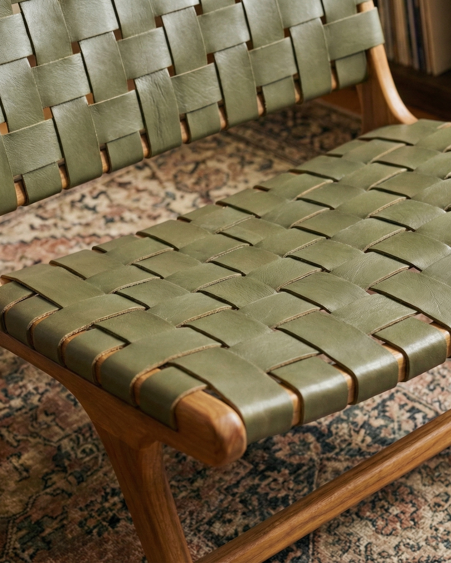 the braided chair | green wooden and leather braided chair