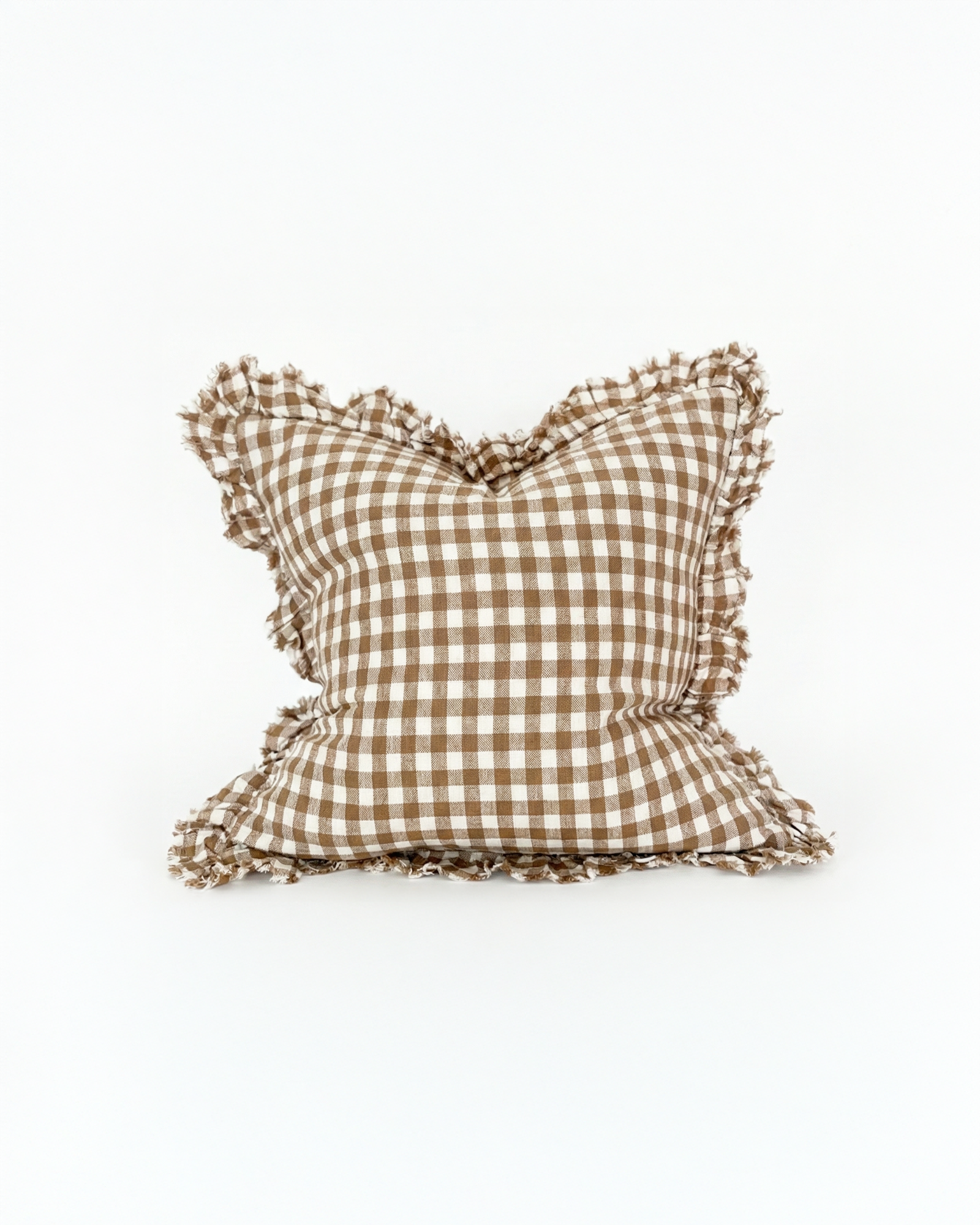 the ruffled gingham | brown cushion cover